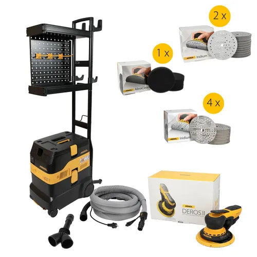 MIRKA DEROS II System + Workstation Kit - ideale Komplettlösung für professionelle Werkstätten, Lackierbetriebe und Industrieunternehmen, die eine platzsparende, perfekt organisierte Schleif- und Absauglösung benötigen