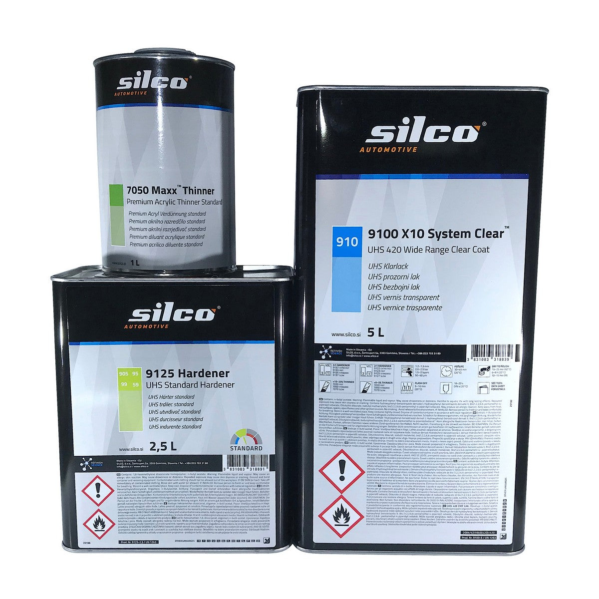 Set verfügbar in 2 Größen und 2 Ausführungen: silco Klarlack 9100 mit Härter 9123 oder 9125 und Verdünner 7050.
