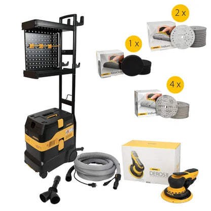 MIRKA DEROS II System + Workstation Kit - ideale Komplettlösung für professionelle Werkstätten, Lackierbetriebe und Industrieunternehmen, die eine platzsparende, perfekt organisierte Schleif- und Absauglösung benötigen