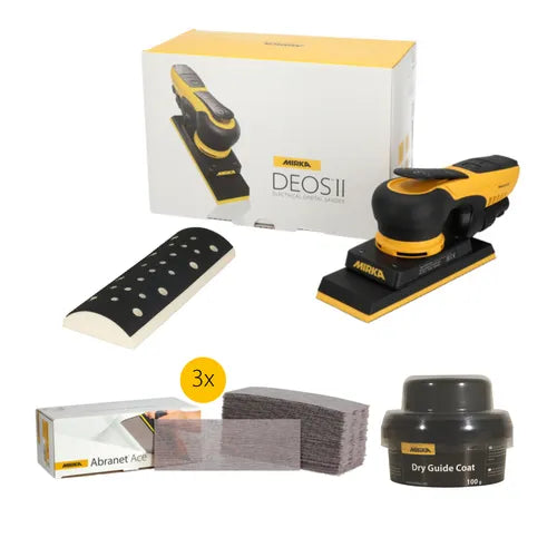  Mirka DEOS II 70x198 Set bietet eine komplett ausgestattete Lösung für präzise Schleifarbeiten auf kleinen Flächen, Kanten und schwer erreichbaren Stellen. 