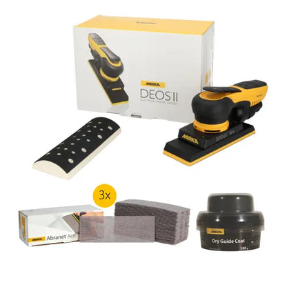  Mirka DEOS II 70x198 Set bietet eine komplett ausgestattete Lösung für präzise Schleifarbeiten auf kleinen Flächen, Kanten und schwer erreichbaren Stellen. 