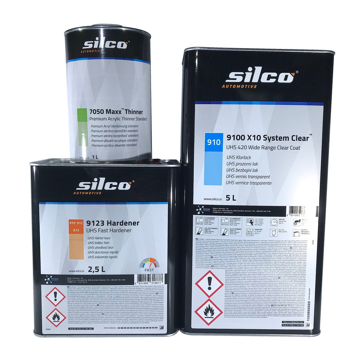 Set verfügbar in 2 Größen und 2 Ausführungen: silco Klarlack 9100 mit Härter 9123 oder 9125 und Verdünner 7050.