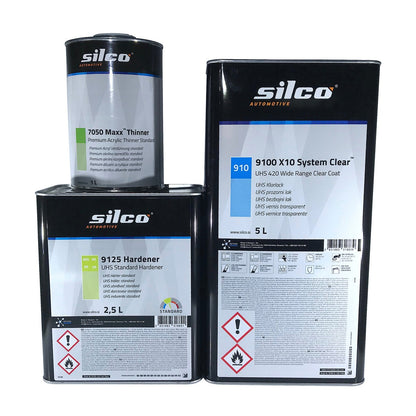 Set verfügbar in 2 Größen und 2 Ausführungen: silco Klarlack 9100 mit Härter 9123 oder 9125 und Verdünner 7050.