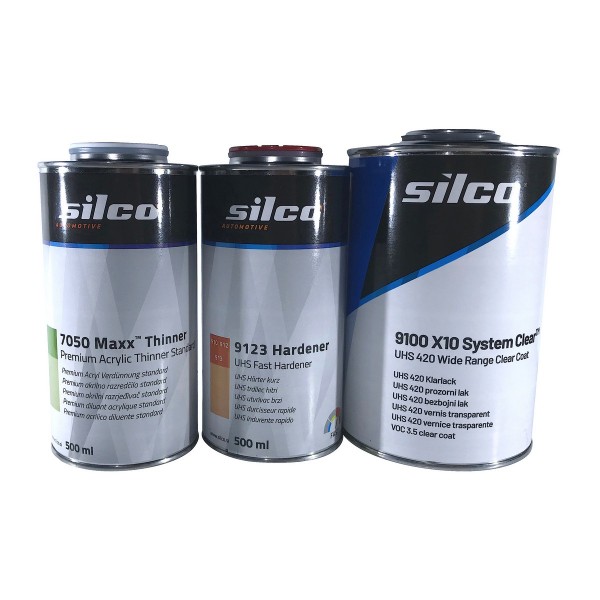 Set verfügbar in 2 Größen und 2 Ausführungen: silco Klarlack 9100 mit Härter 9123 oder 9125 und Verdünner 7050.